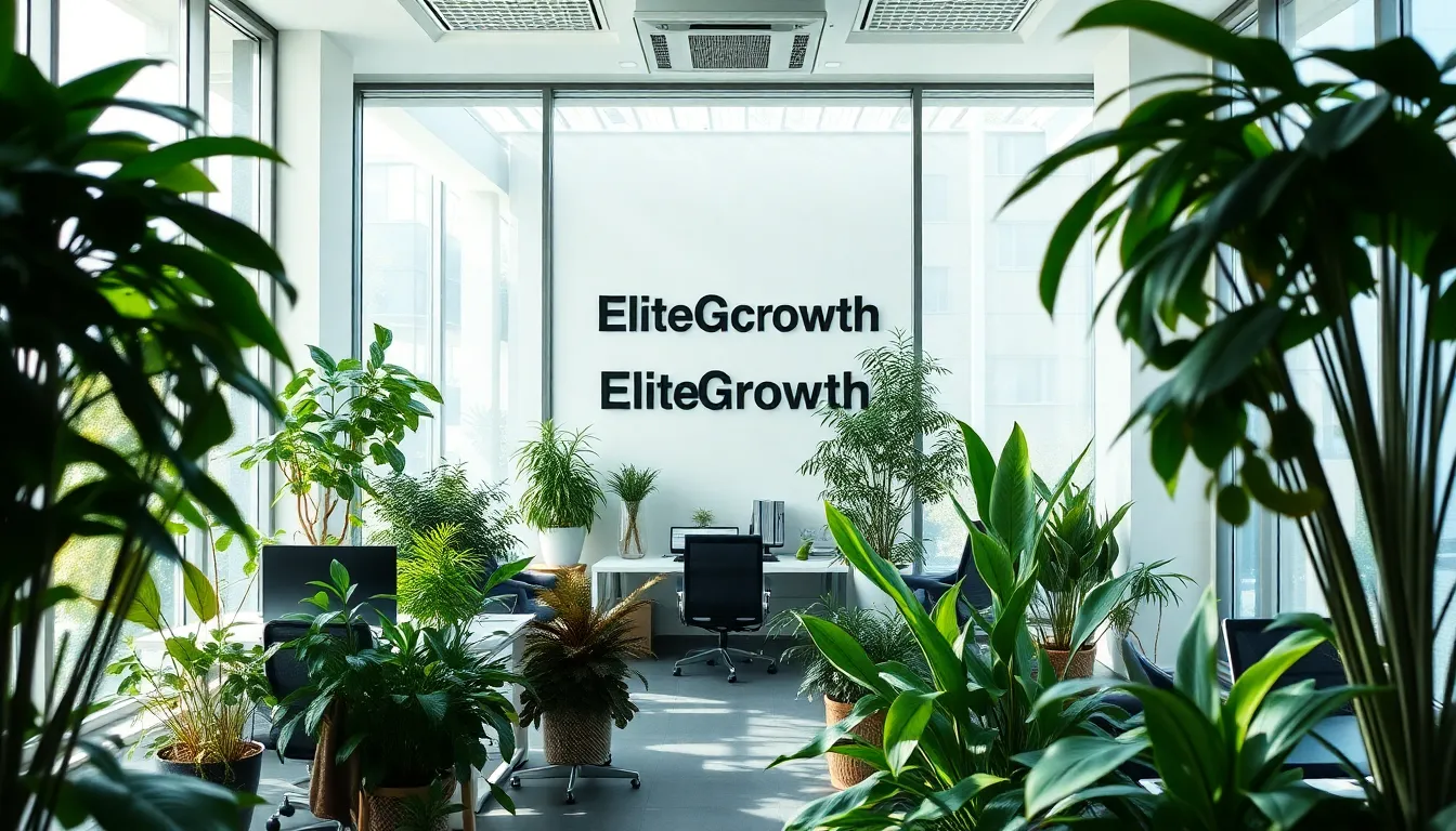 Interior of a modern, green office with many plants and natural light