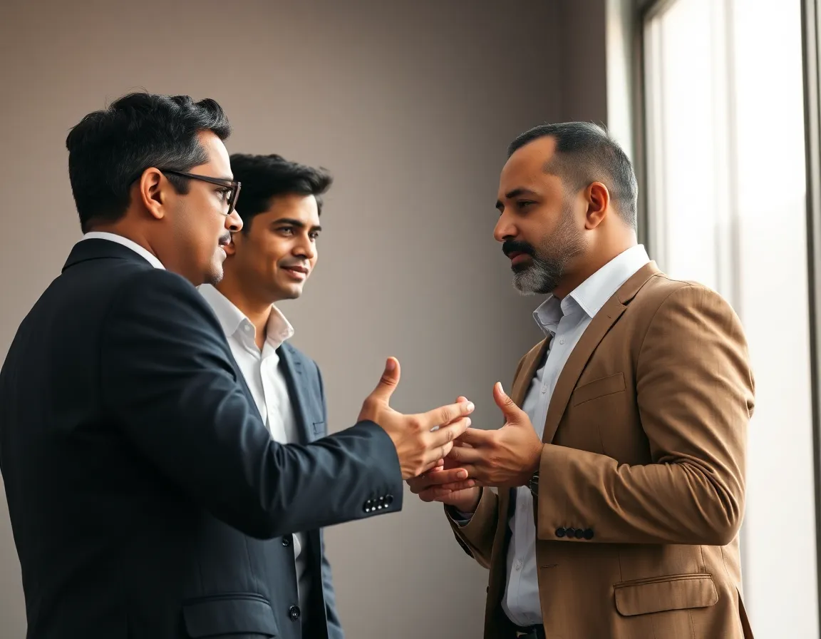 Two professionals having a constructive conversation to resolve a conflict